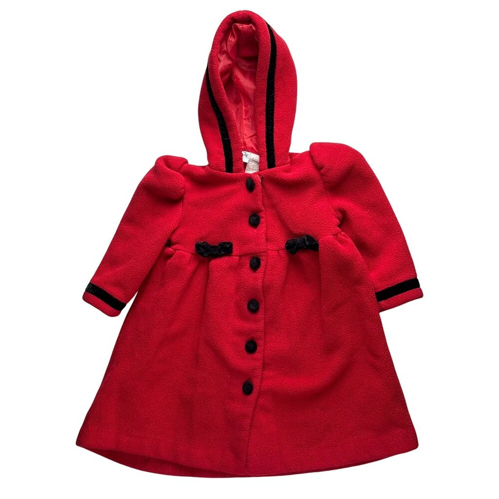 Vintage KIDS Hartstrings Toddler Baby Girl Red Hooded Coat With Black Velvet Acc